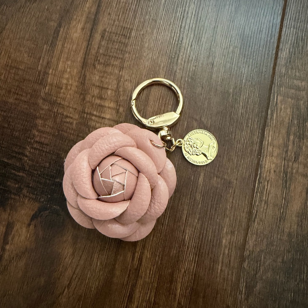 Pink Floral Faux Leather Bag Charm Keychain Accessory